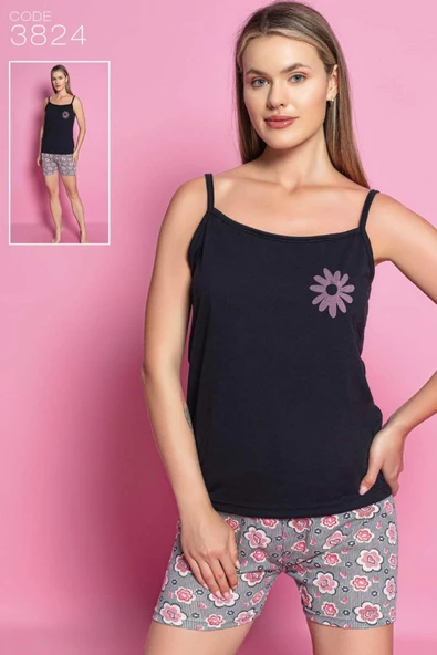 Reo Kadın İp Askılı Siyah Şortlu Pijama Takım 3824 - Resim 2