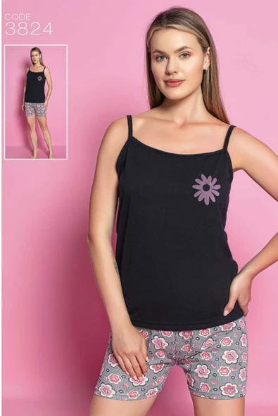 Reo Kadın İp Askılı Siyah Şortlu Pijama Takım 3824 ürün görseli 1