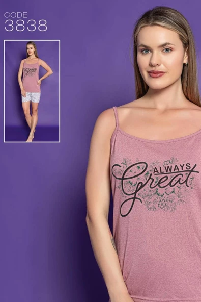 Reo Kadın İp Askılı Gül Kurusu Şortlu Pijama Takım 3838 ürün görseli 1