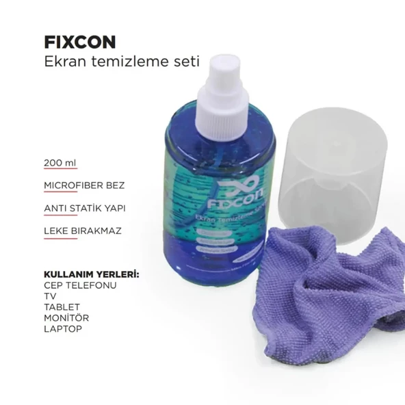 Fixcon Ekran Dezenfekte Spreyi Bez Hediyeli Ekran Temizleme Spreyi 200 ML