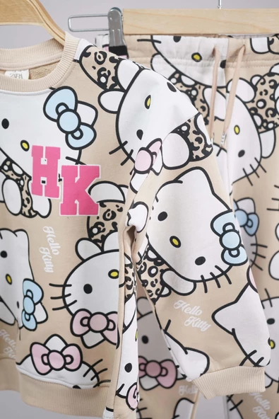 KIZ ÇOCUK OKULA DÖNÜŞ SIFIR YAKA HELLO KİTTY ÇİÇEK DESENLİ PAMUK EŞOFMAN TAKIMI - 3