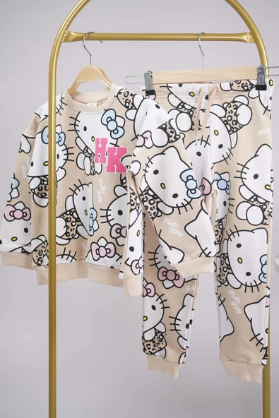 KIZ ÇOCUK OKULA DÖNÜŞ SIFIR YAKA HELLO KİTTY ÇİÇEK DESENLİ PAMUK EŞOFMAN TAKIMI - 2