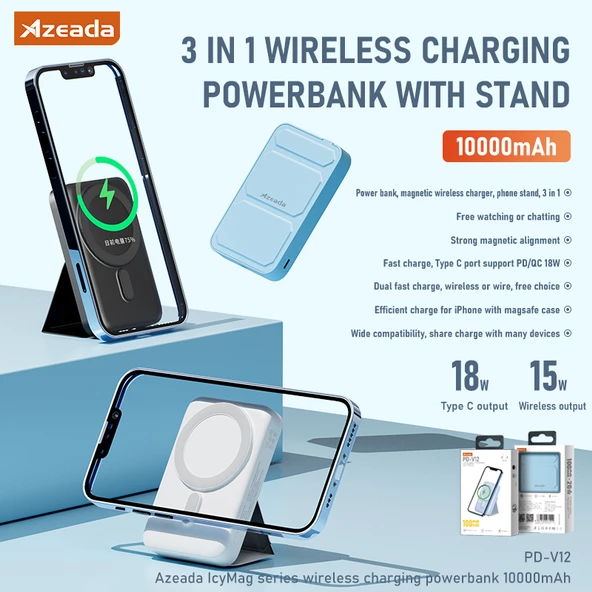 Kablosuz Standlı Megasafe 10.000 Mah Azeada AZ-PDV12 Powerbank 18 W Hızlı Şarj