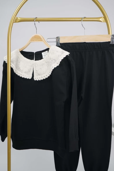 KIZ ÇOCUK OKULA DÖNÜŞ YAKA DANTEL MODELLİ PAMUK EŞOFMAN TAKIMI - 2