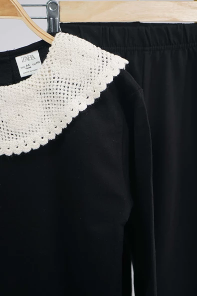 KIZ ÇOCUK OKULA DÖNÜŞ YAKA DANTEL MODELLİ PAMUK EŞOFMAN TAKIMI - 3