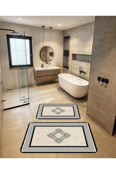 Dekoratif Modern Tasarım Kaymaz Taban Yıkanabilir Ikili Takım Banyo Paspası(50X60-60X90 Cm)