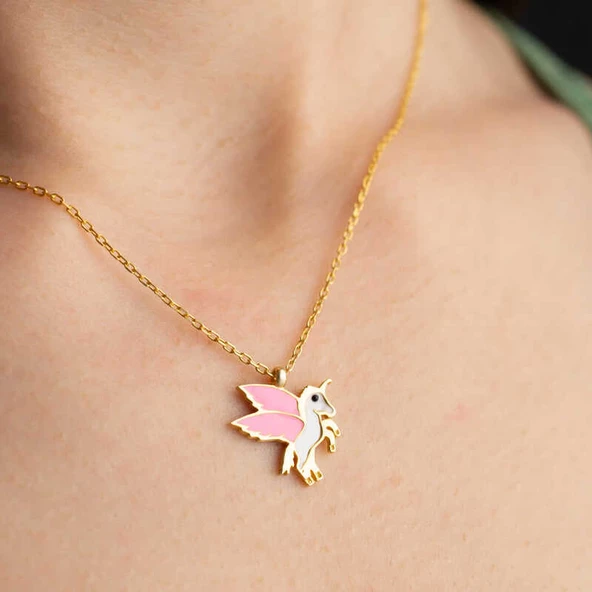 925 Ayar  Gümüş Gold Kanatlı At Kadın Kolye ürün görseli 1