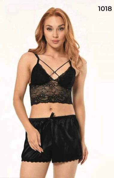 Siyah Saten Şortlu Bralet Takım Siyah