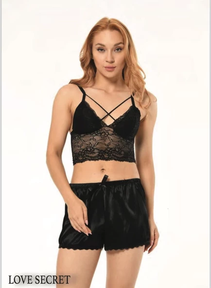 Siyah Saten Şortlu Bralet Takım Siyah - 4