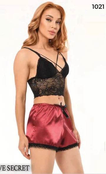 Saten Şortlu Bralet Love secret Taşlı Takım Bordo