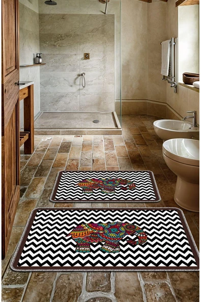 Dekoratif Modern Tasarım Kaymaz Taban Yıkanabilir Ikili Takım Banyo Paspası(50X60-60X90 Cm)