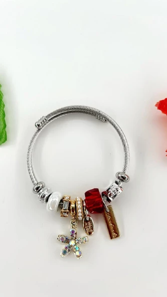 Kadın Charm Kırmızılı Kristal Çiçek Çelik Bileklik - 4