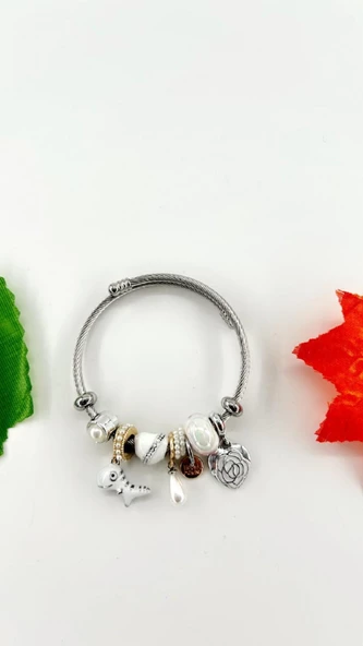 Kadın Charm Balıklı Kristal Çiçek Çelik Bileklik - Resim 4