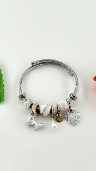 Kadın Charm Balıklı Kristal Çiçek Çelik Bileklik - Resim 5