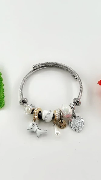 Kadın Charm Balıklı Kristal Çiçek Çelik Bileklik - Resim 2