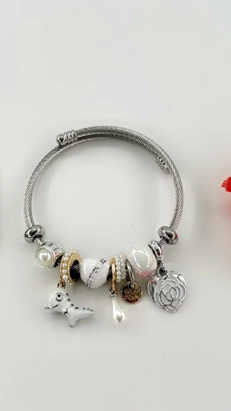 Kadın Charm Balıklı Kristal Çiçek Çelik Bileklik - Resim 3