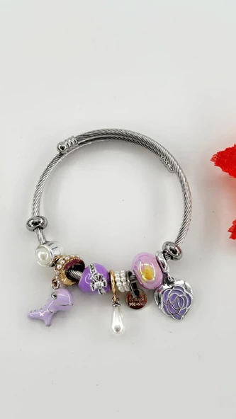Kadın Charm Balıklı Çiçek Çelik Bileklik Lila Renk