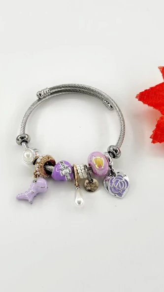 Kadın Charm Balıklı Çiçek Çelik Bileklik Lila Renk - Resim 7