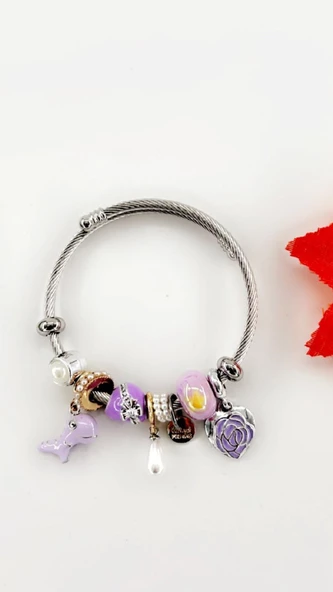 Kadın Charm Balıklı Çiçek Çelik Bileklik Lila Renk - Resim 5