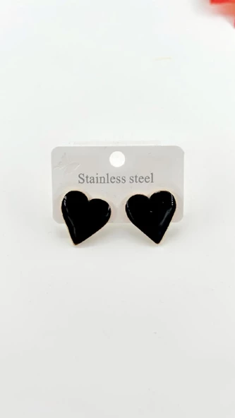 Kadın Minik Özel Tasarım Kalp Çelik Küpe Siyah - Resim 2