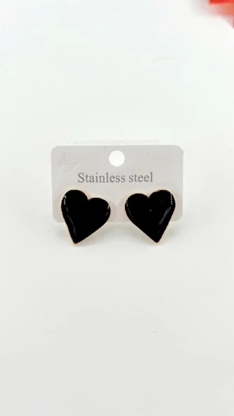 Kadın Minik Özel Tasarım Kalp Çelik Küpe Siyah - Resim 3