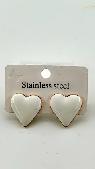 Kadın Minik Özel Tasarım Kalp Çelik Küpe Beyaz - Resim 3