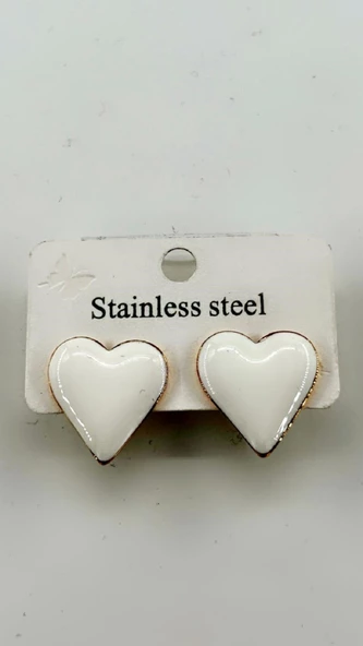 Kadın Minik Özel Tasarım Kalp Çelik Küpe Beyaz - Resim 2