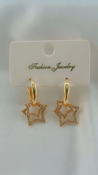 Kadın Yıldızlı Model Sallantılı Küpe Gold Renk