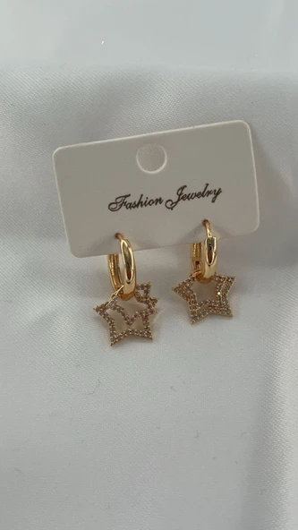 Kadın Yıldızlı Model Sallantılı Küpe Gold Renk - Resim 3