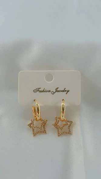 Kadın Yıldızlı Model Sallantılı Küpe Gold Renk - Resim 2