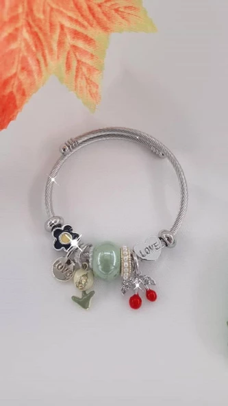 Kadın Charmlı Kiraz Figürlü Çelik Bileklik Yeşil - 3