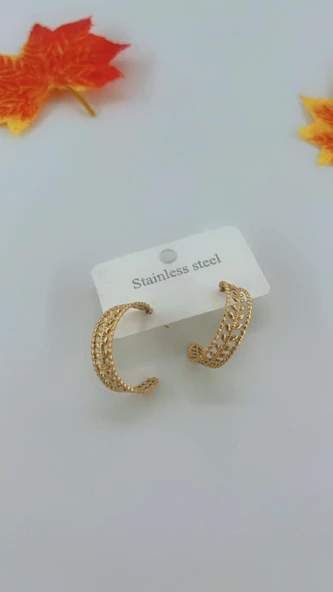 Kadın Yaprak Tasarım Çelik Küpe Gold Renk - 3