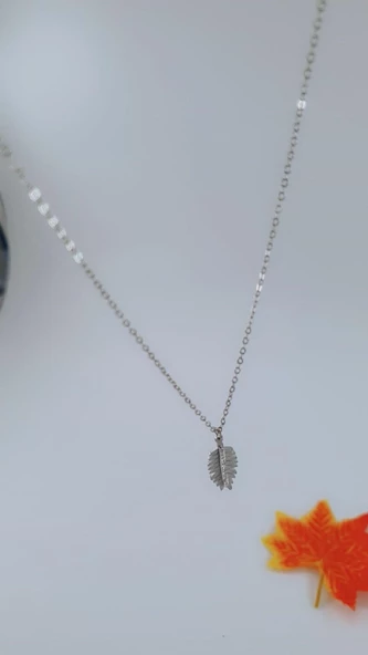 Kadın Gümüş Renk Yaprak Çelik Kolye - Resim 2