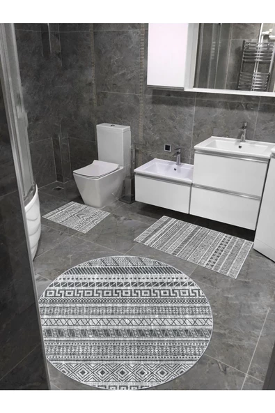 Su Emici Banyo Paspası Sünger Dolgulu Üçlü Makinede Yıkanabilir Gri Banyo Takımı