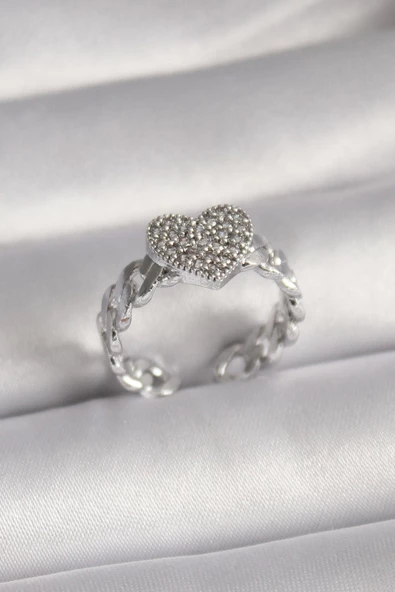 Pirinç Gümüş Renk Zirkon Taşlı Kalp Model Kadın Yüzük ürün görseli 1