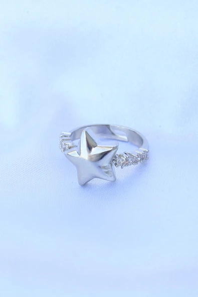 Pirinç Gümüş Renk Ayarlanabilir Zirkon Taşlı Yıldız Yüzük - Resim 2