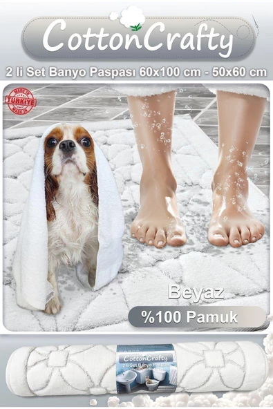 %100 Pamuk Dokuma Banyo Paspas Seti, Banyo Halısı Cam 2 Li Set 60X100 - 60X50