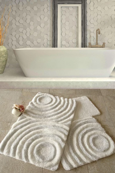 Wave Beyaz 3Lü Set Banyo Halısı Yıkanabilir, Kaymaz Taban