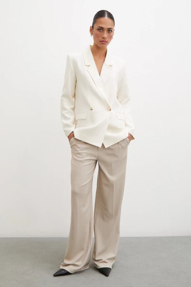 Çift Düğmeli Keten Blazer Ceket Ekru - 2
