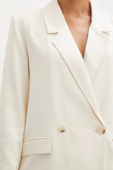 Çift Düğmeli Keten Blazer Ceket Ekru - 5