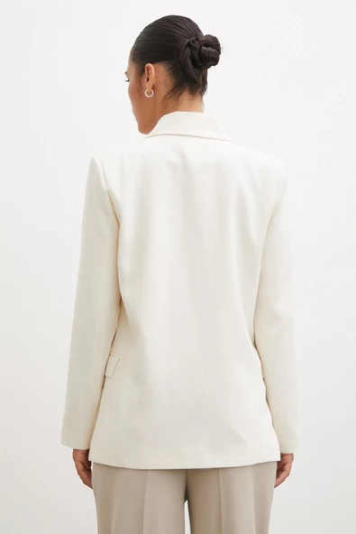 Çift Düğmeli Keten Blazer Ceket Ekru - 6