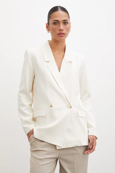 Çift Düğmeli Keten Blazer Ceket Ekru - 3