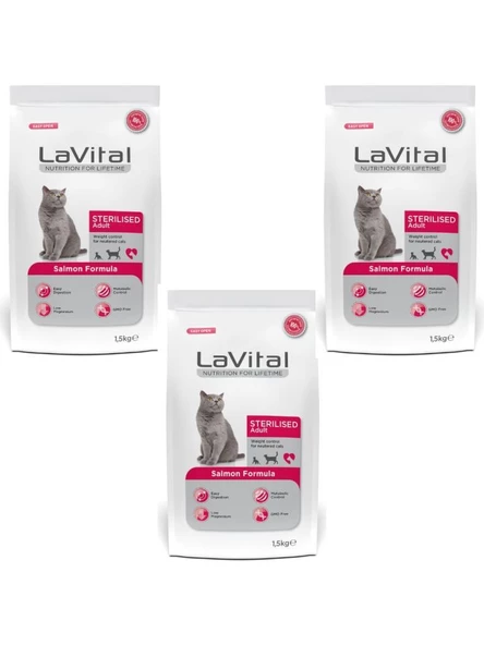 Lavital Somon Balıklı Kısırlaştırılmış Kuru Kedi Maması 1.5 Kg 3 Adet