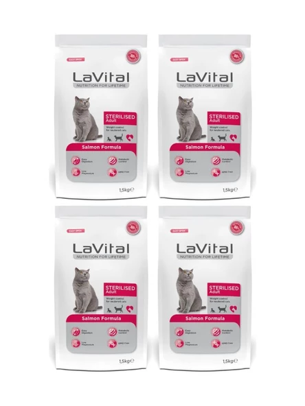 Lavital Somon Balıklı Kısırlaştırılmış Kuru Kedi Maması 1.5 Kg 4 Adet