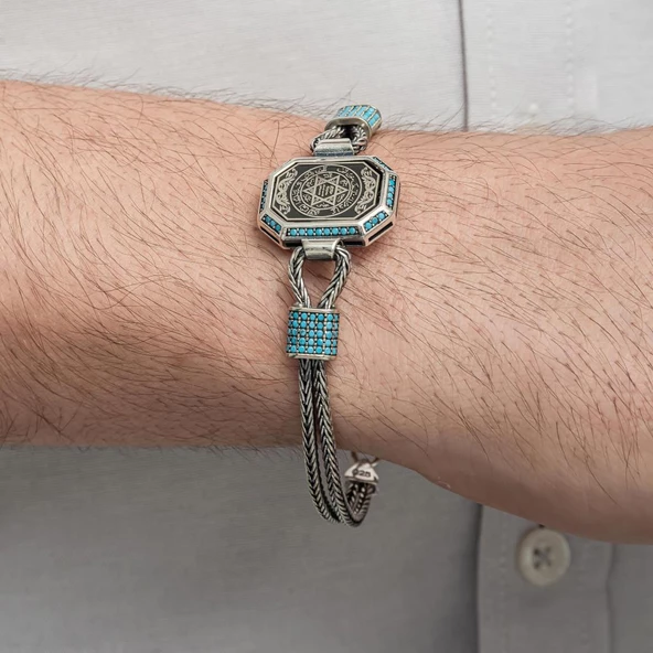 Hz.Süleyman Mührü İşlemeli 925 Ayar Gümüş Erkek Bileklik - 4