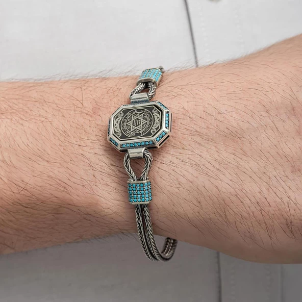 Hz.Süleyman Mührü İşlemeli 925 Ayar Gümüş Erkek Bileklik - 7