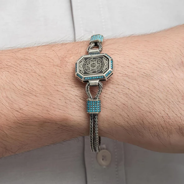 Hz.Süleyman Mührü İşlemeli 925 Ayar Gümüş Erkek Bileklik - 5