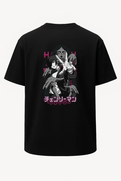 Oversize Himeno Chainsaw Man Baskılı Unisex Tişört Siyah