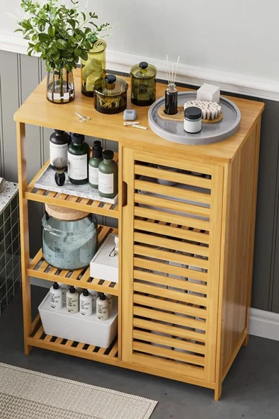 Digithome Bambu Masif 3 Raflı Tek Kapaklı Çok Amaçlı Düzenleyici Organizer Dolap DB-0005 - 3