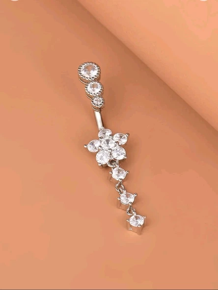 Gümüş Renk Taşlı Uzun Göbek Piercing - 2